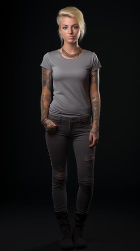 photorealistic studio photography product photography upper body shot frontal, a blond female alternative model with tattoos and piercings modeling a grey t-shirt no wrinkles, in studio, studio lighting, black background --ar 9:16 --v 5.2 --s 250