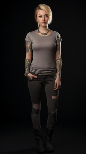 photorealistic studio photography product photography, upper body shot, frontal, a blond female alternative model with tattoos and piercings modeling a grey t-shirt no wrinkles, in studio, studio lighting, black background --ar 9:16 --v 5.2 --s 250