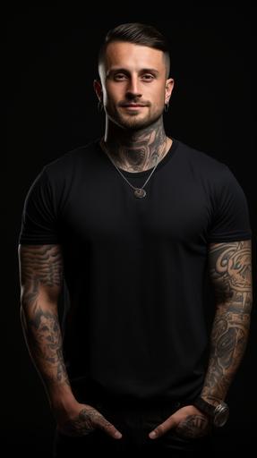 photorealistic studio photography product photography full body shot frontal, male alternative model with tattoos and piercings no chain modeling a grey t-shirt less wrinkles in studio, studio lighting black background --ar 9:16 --v 5.2 --s 250