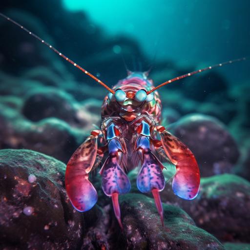 photorealistic style, Peacock mantis shrimp, facing straight, swimming the Victoria falls, cinematic lighting, Canon 17-55mm, f6-s 250
