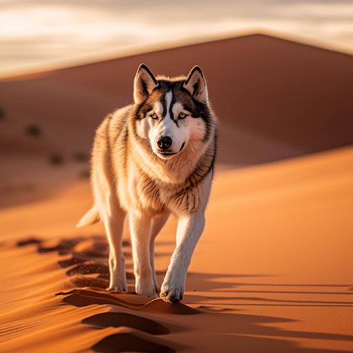 photorealistic style, Siberian Husky, facing straight on, walking the namib red dunes, cinematic lighting, Canon 17-55mm, f6 --s 250