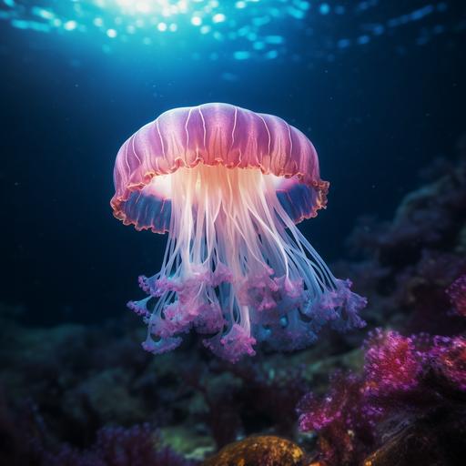 photorealistic style, crystal jellyfish, facing straight on, swimming in the Maldives next to Coral reef, cinematic lighting, Canon 17-55mm, f6-s 250