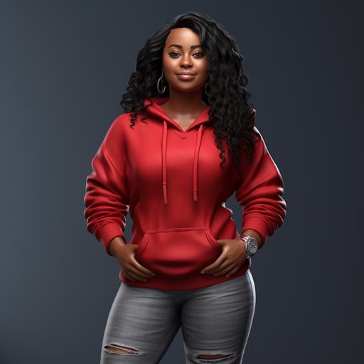 photorealistic, ultra-detailed Cuvy plus size chocolate skinned African american woman with long black wavy hair, Wearing a blank red hoodie , earrings, Blue jeans and Black red and white sports shoes. Holding moneey and weearing short press on nails