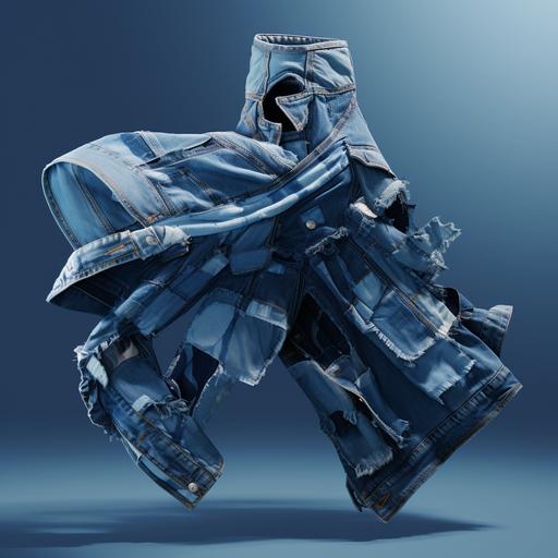 photorealistic virtual textured denim patchwork clothing design jacket, floating midair