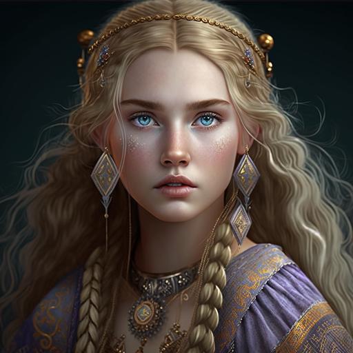 photorealistic young scandinavian beautiful girl, very light skin with freckles, big blue eyes with long eyelashes, light gold blond wavy long hair, hair singed into a braid, plump big bright lips, rich purple gold medieval scandinavian clothes whith a lot of decorations, a lot of filigree gold jewelry, super detailed, majestic