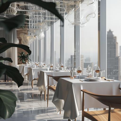 photorealistic. 8k. A beautiful white steakhouse. you can see the outline of the city behind the great glass panels that closes the dinning area. The tabels are beatufiully decorated with modern silveware and table cloth. The wooden chairs make the perfect complement