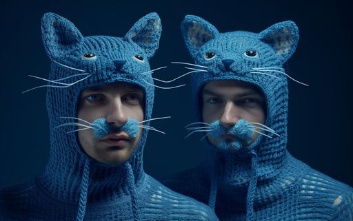 photosession, photography of the athletic swimmer duo in knitted cat beanies , all this feels strange and untrue, in the style of indigo and blue, overexposure, blink-and-you-miss-it detail, backlight, animals and people, camera tossing, hyperbolic expression --ar 8:5 --v 5.2