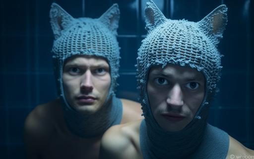 photosession, photography of the athletic swimmer duo in knitted cat beanies , all this feels strange and untrue, in the style of indigo and blue, overexposure, blink-and-you-miss-it detail, backlight, animals and people, camera tossing, hyperbolic expression --ar 8:5 --v 5.2