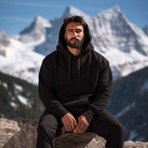 photoshoot of a 6 feet tall brown Indian man wearing high quality, plain black hoodie sitting on a rock. Background is in the snow capped mountains.