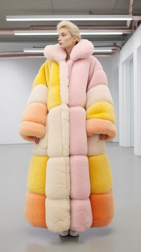 Fashion photoshooting, models wears giant coat made out of plush kawai Unicake --ar 9:16