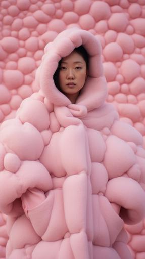 Fashion photoshooting, models wears giant coat made out of plush kawai Unicake --ar 9:16