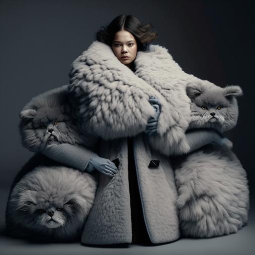 Fashion photoshooting, models wears giant coat made out of plush kawai cats