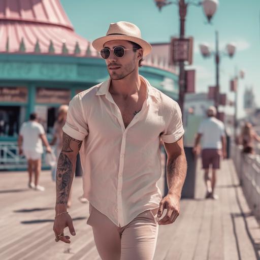 physique photography. Extremely handsome and Muscular man walking along the boardwalk. Wearing a boater hat, round sunglasses, and an unbuttoned shirt. Summer. Pastel ice cream colors. Nostalgic. Airy. Cool. Relaxed. --v 5 --s 500 --seed 13