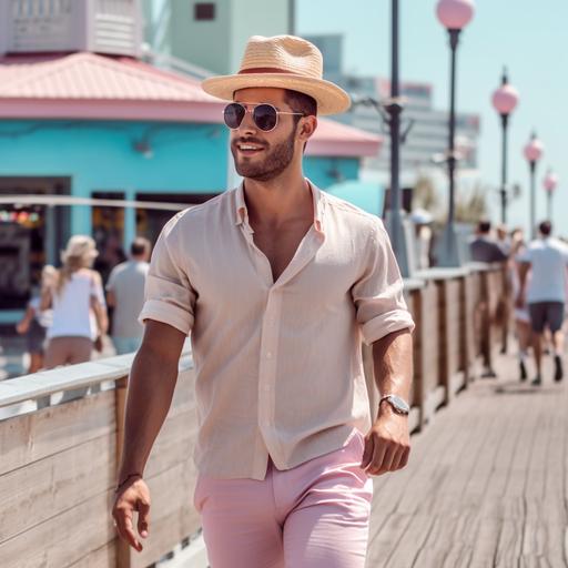 physique photography. Extremely handsome man walking along the boardwalk. Wearing a boater hat, round sunglasses, and an unbuttoned shirt. Summer. Pastel ice cream colors. Nostalgic. Airy. Cool. Relaxed. --v 5 --s 500 --seed 13