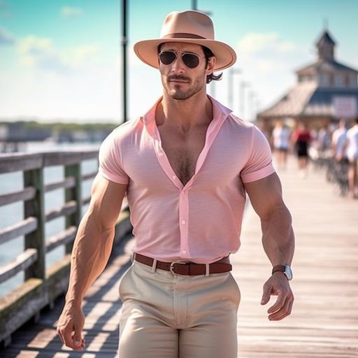 physique photography. Extremely handsome man with humongous pecs walking along the boardwalk. Wearing a boater hat, round sunglasses, and an unbuttoned opened shirt. Summer. Pastel colors. Nostalgic. Airy. Cool. Relaxed.::2 big muscles. Hunk. Bodybuilding. GQ. Chippendales.:: tattoos::-1 --v 5 --s 500 --seed 13