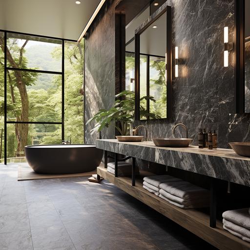 Generate an image of a luxurious selvatic bathroom interior, reflecting the tastes of a 45-year-old man passionate about beauty freedom, and elegance. The bathroom should have natural stone, black marble, mate black faucet, large windows . Base it in Tulum style a sophisticated design, and premium lighting. The overall ambiance should exude a blend of modern luxury, personal passion for nature . The image should emphazise the faucet