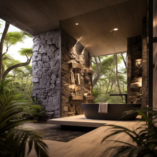 an image of a bathroom in the middle of the jungle, reflecting the tastes of a 45-year-old man passionate about beauty, freedom, and elegance. The bathroom should have natural stone, wood, mate black faucet . Base it in Tulum style a sophisticated design, and premium lighting. The overall ambiance should exude a blend of modern luxury, personal passion for nature . The image should emphazise the faucet