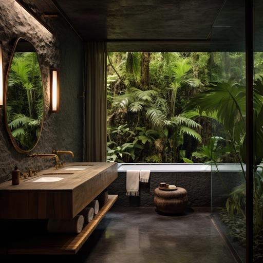 an image of a bathroom in the middle of the jungle, reflecting the tastes of a 45-year-old man passionate about beauty, freedom, and elegance. The bathroom should have natural stone, wood, mate black faucet . Base it in Tulum style a sophisticated design, and premium lighting. The overall ambiance should exude a blend of modern luxury, personal passion for nature . The image should emphazise the faucet