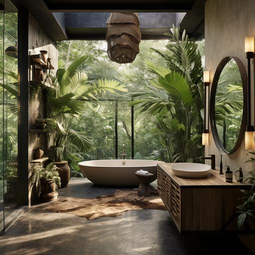 an image of a luxurious bathroom in the middle of the mexican jungle, reflecting the tastes of a 45-year-old man passionate about freedom, nature and good taste. The bathroom should have natural stone, mate black faucet, large windows . Base it in Tulum style a sophisticated design, and premium lighting. The overall ambiance should exude a blend of modern luxury, personal passion for nature . The image should emphazise the faucet, use Noken trademark as reference