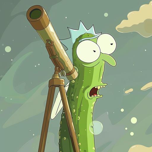 pickle rick from rick and morty looking through a telescope, cartoon style --v 6.0