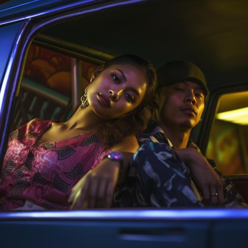 picture a gangster teen latino sureño and gangster teen latina norteña sitting inside a lowrider, the latina has her head on his shoulder, the photo is detailed, vibrant, dim lighting, cinematic, high def, crisp, 8k