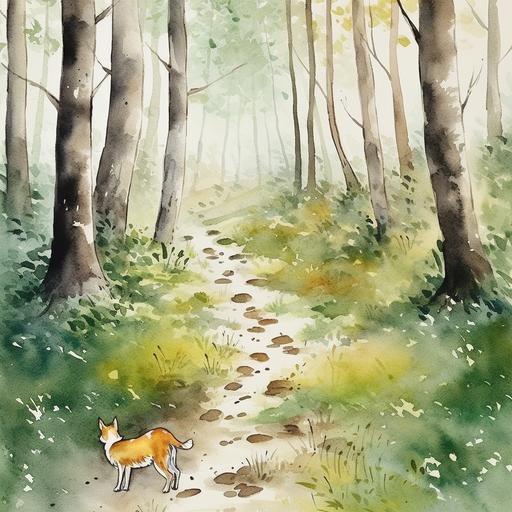 picture book style, watercolor, in the forest, animal footprints continuing, many footprints in rows, forest nak --s 750 --v 5