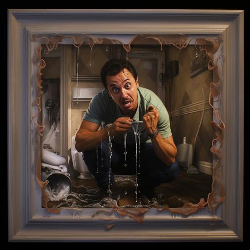 picture frame in the picture a photo realistic teenage plumber dealing with a broken toilet pipe water is flooding a room he has a wrench in his hand water is running towards the bottom of the frame and dripping out of the frame in in the style of andrew scott art