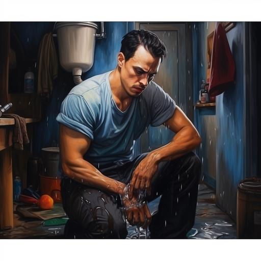picture frame in the picture a photo realistic teenage plumber dealing with a broken toilet pipe water is flooding a room he has a wrench in his hand water is running towards the bottom of the frame and dripping out of the frame in in the style of andrew scott art