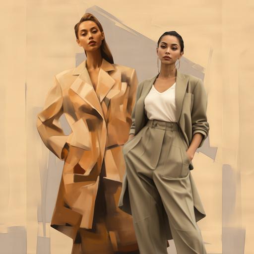 picture of 2 women side by side. one woman is dressed in miniamlist monochromatic beige and the other is dressed in maximalist fashion, both drawn in brush strokes --v 5.1