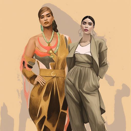 picture of 2 women side by side. one woman is dressed in minimalist monochromatic beige and the other is dressed in maximalist fashion with multi colored neon and bold gold jewelry, both drawn in brush strokes --v 5.1