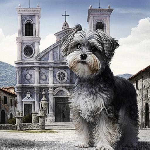 picture of a gray Morkie dog standing in front of the Church of Saint Michael street in Ausonia, Italy circa 1920, 8K, highly detailed, ultra realistic