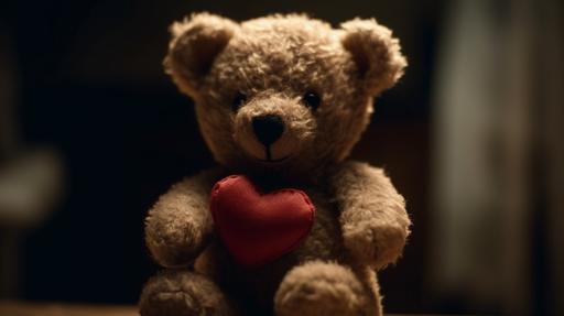 picture of a little teddy bear holding a heart in its paws, holding out the heart as a gift, 4k, --ar 16:9 --s 750 --v 5.0