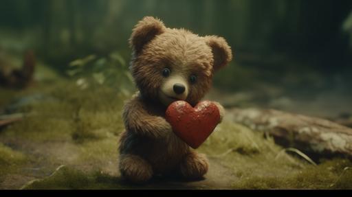 picture of a little teddy bear holding a heart in its paws, holding out the heart as a gift, background is fairytale forest 4k, --ar 16:9 --s 750 --v 5.0