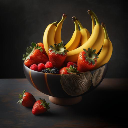picture of bananas and strawberies in a bowl, hyper realistic, realism, Hyper detailed, high contrast,   cinematic shot   photo taken by ARRI, photo taken by sony, photo taken by canon, photo taken by nikon, photos taken by sony, photo taken by hasselblad   incredibly detailed, sharpen, details   professional lighting, photography lighting   50mm, 80mm, 100m   lightroom gallery   behance photographys   unsplash 4k --q 2 --v 4