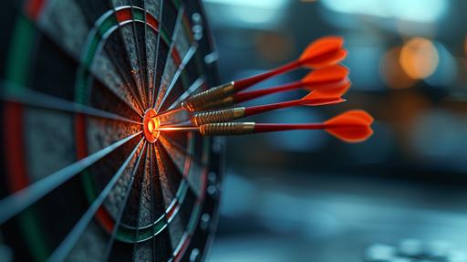 picture of multiple darts flying towards a target but haven't hit it yet, in mid-air, photo taken from among the darts, centre aligned visuals, photorealistic style, minimal art --ar 16:9 --s 800 --v 6.0