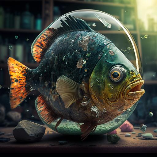 picture of old cyber piranha in a broken glass , post atomic Office, with many rubbish, oxidation, ultra detailed, realistic, advanced cinema light, broken and cracked, high quality, high definition , depth field