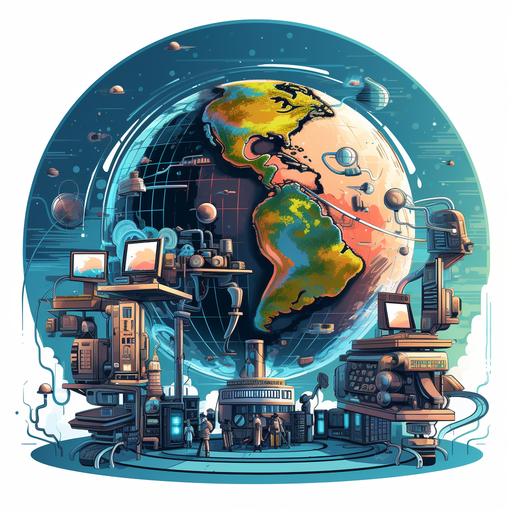 picture of technology with earth, cartoon style.