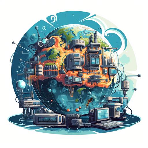 picture of technology with earth, cartoon style.