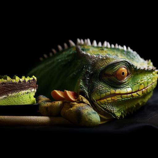 piece of 3-layer chocolate cake with green frosting on a plate: : close-up food photography of an iguana cake: : .05 --c 5