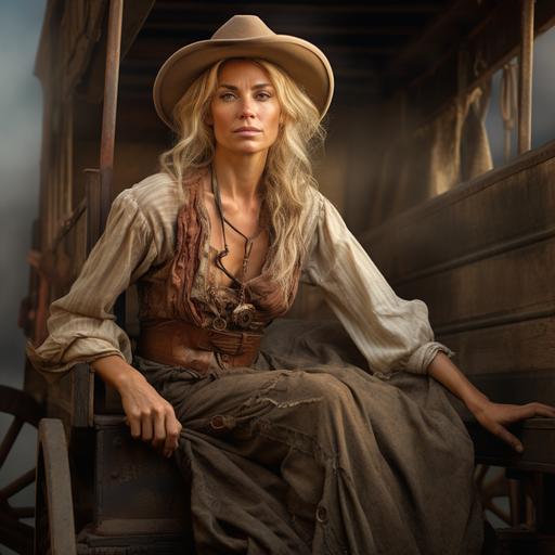 a worn middle aged woman from the Old West. She had blonde hair. She is wearing a prairie dress and a leather vest. She is wearing a cowboy hat. She is sitting on the back of a tinker wagon from which she sells and trades store goods.