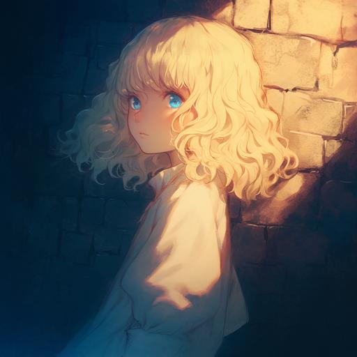 little blonde girl, 4 years old, blue eyes, curly hair, manga style, in a dungeon, --niji 6