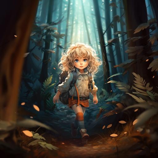 little blonde girl, 4 years old, curly hair, gray blue eyes, walking in the forest, worried look, dressed as an adventurer, manga style, ghibli, yeti