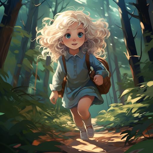 little blonde girl, 4 years old, curly hair, gray blue eyes, walking in the forest, manga style, ghibli, yeti