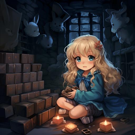little girl of 4 years old, blonde, curly hair, blue-gray eyes, dressed as an adventurer, Japanese anime style, in a dungeon, with bats sleeping in a bento