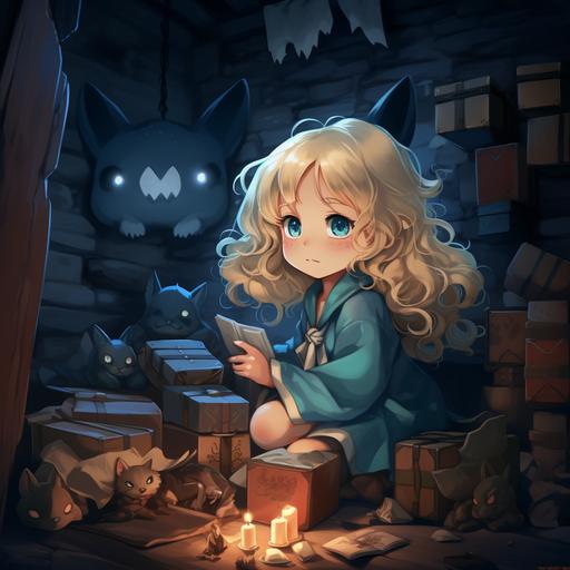 little girl of 4 years old, blonde, curly hair, blue-gray eyes, dressed as an adventurer, Japanese anime style, in a dungeon, with bats sleeping in a bento