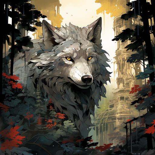 wolf in the forest, manga, style ghibi, underground
