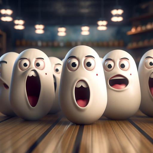 Bowling pins expressing fear as a bowling ball rolls towards them. Their faces depict fear and anxiety in a cartoon style.