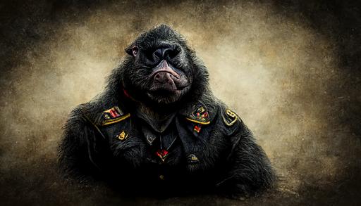 pig nose gorilla general, military portrait, photo realism, character design, dark background, 4k, --ar 16:9