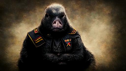 pig nose gorilla general, military portrait, photo realism, character design, dark background, 4k, --ar 16:9