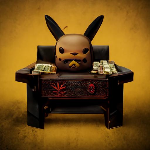 pikachu smoking cigar, sitting in a mafia chair, cocain and money guns, dark on the wood desk, gangster, 4k, detailed, real, bad boy, scary